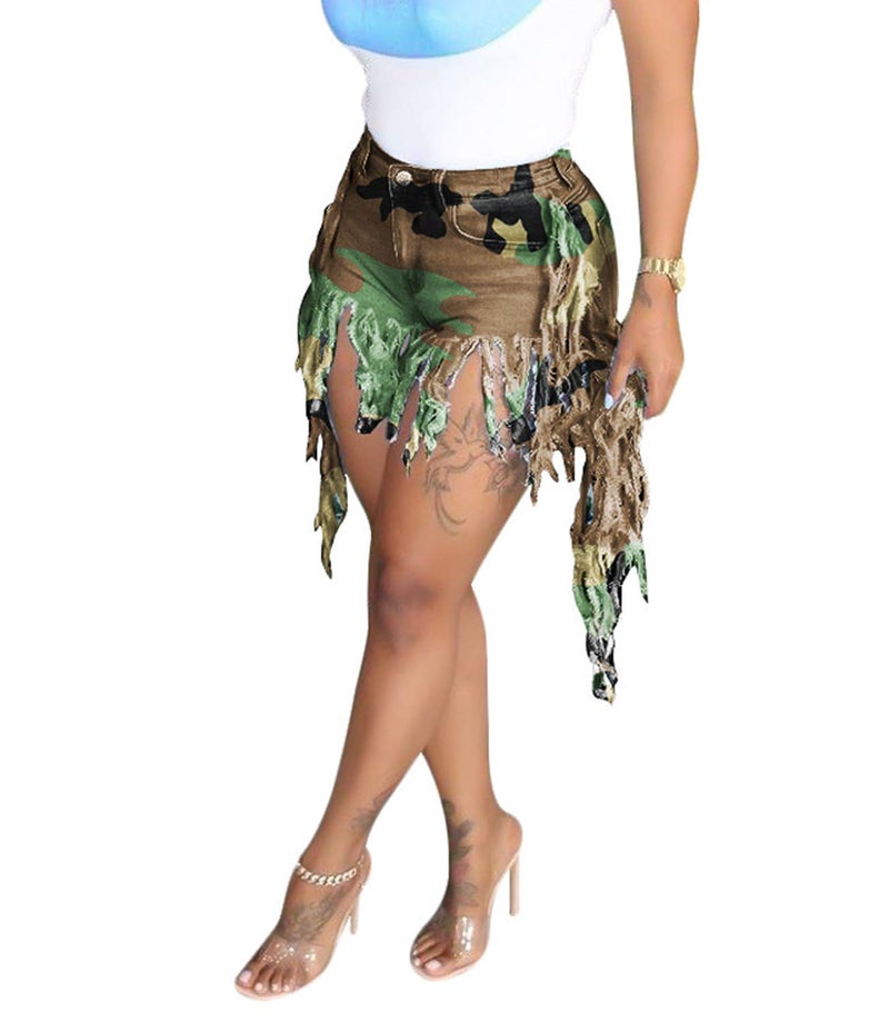 SIAEAMRG Tie Dyed Jean Shorts for Women Juniors, Summer High Waisted Stretchy Frayed Raw Hem Tassels Denim Shorts (Side-Camouflage Green, L) - Image 2